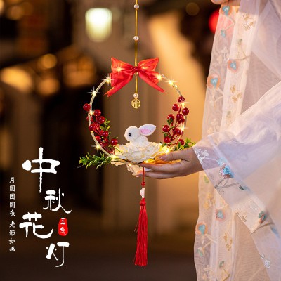 元宵节儿童灯笼玉兔子灯2022手工diy材料手提小花灯发光古风宫灯图3