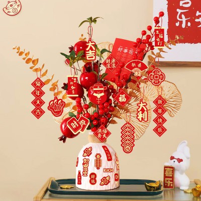 2023新年装饰发财果福桶摆件兔年春节过年客厅电视柜家用花瓶布置图2