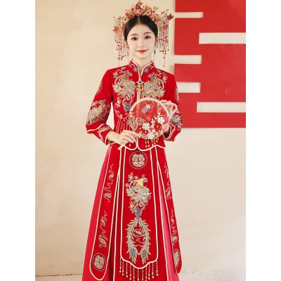 高级丝绒秀禾服2022新款女结婚中式重工新娘服龙凤褂嫁衣敬酒服图2