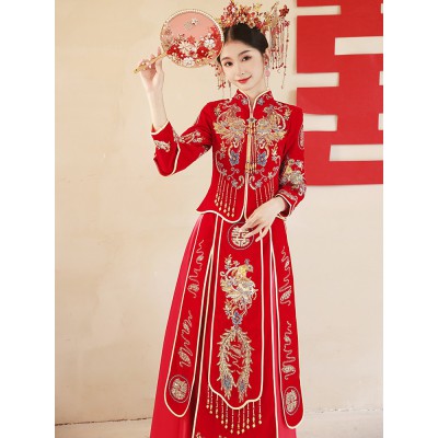高级丝绒秀禾服2022新款女结婚中式重工新娘服龙凤褂嫁衣敬酒服图3