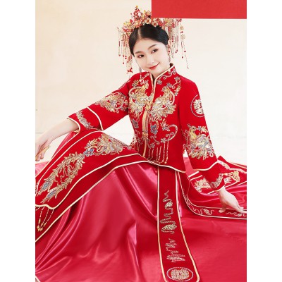 高级丝绒秀禾服2022新款女结婚中式重工新娘服龙凤褂嫁衣敬酒服图4